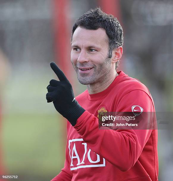 Ryan Giggs of Manchester United in action during a First Team Training Session at Carrington Training Ground on January 29 2010 in Manchester,...