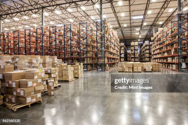 view down aisles of racks holding cardboard boxes of product on pallets in a large distribution warehouse - cuarto almacén fotografías e imágenes de stock