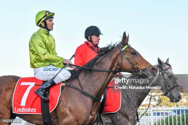 Luke Currie returns to the mounting yard aboard Truly Discreet after winning the Ladbrokes Info Hub Handicap at Ladbrokes Park Lakeside Racecourse on...