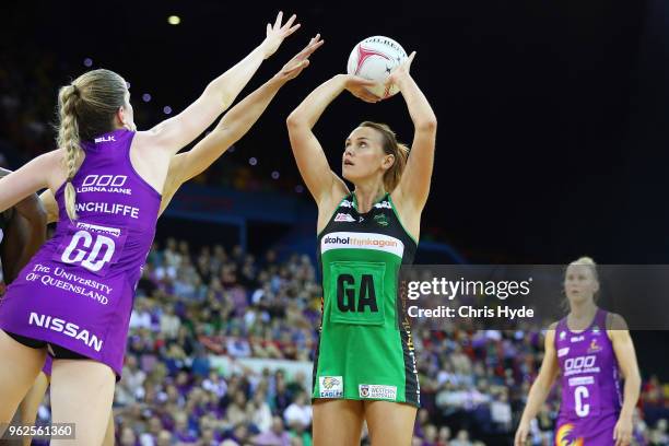 Natalie Medhurst of the Fever shoots during the round five Super Netball match between the Firebirds and the Fever at Brisbane Entertainment Centre...