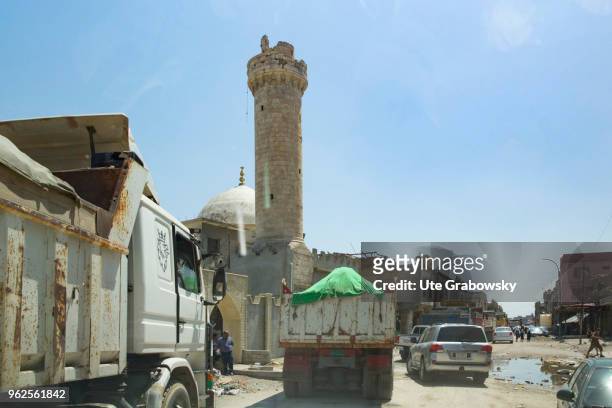 April 24: Road traffic in the destroyed old town in Mosul on April 24, 2018 in MOSUL, IRAQ.