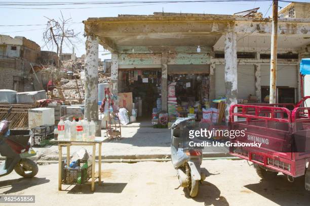 April 24: Grocery store in the destroyed old town in Mosul on April 24, 2018 in MOSUL, IRAQ.