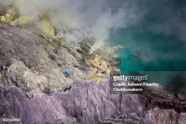 kawah ijen volcano crater , east java, indonesia - sulfuric acid stock pictures, royalty-free photos & images