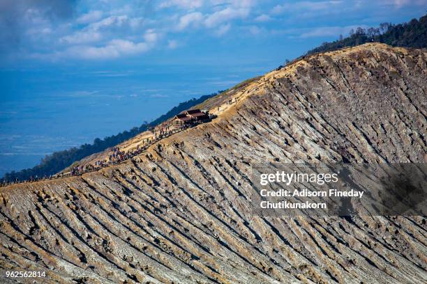 people hiking on kawah ijen, java, indonesia - sulfuric acid stock pictures, royalty-free photos & images