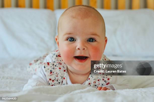 smiling baby lying on her stomach - flushed cheeks stock pictures, royalty-free photos & images