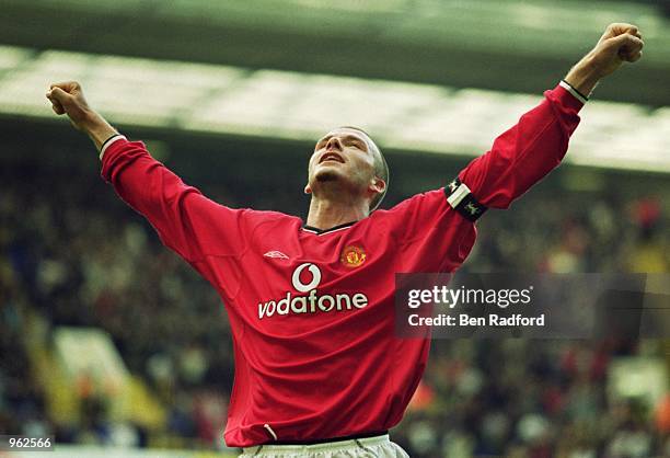 Manchester United Captain David Beckham celebrates scoring Man Utd's 5th goal during the FA Barclaycard Premiership match against Tottenham Hotspur...