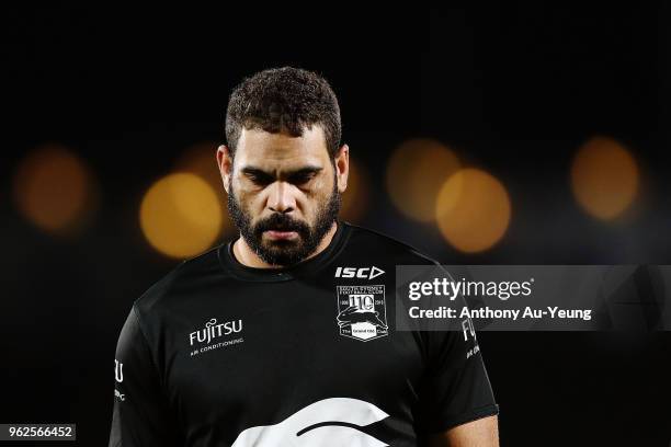 Greg Inglis of the Rabbitohs looks on during warmup prior to the round 12 NRL match between the New Zealand Warriors and the South Sydney Rabbitohs...