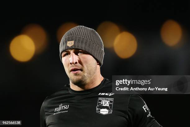 Sam Burgess of the Rabbitohs looks on during warmup prior to the round 12 NRL match between the New Zealand Warriors and the South Sydney Rabbitohs...