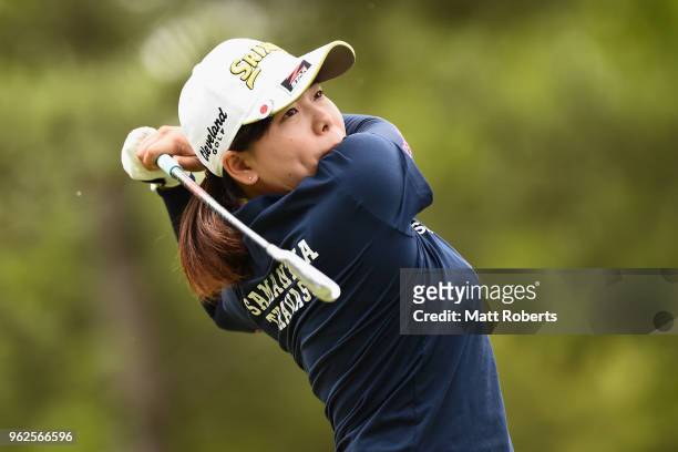 Minami Katsu of Japan hits her tee shot on the 4th hole during the second round of the Resorttust Ladies at Kansai Golf Club on May 26, 2018 in Miki,...