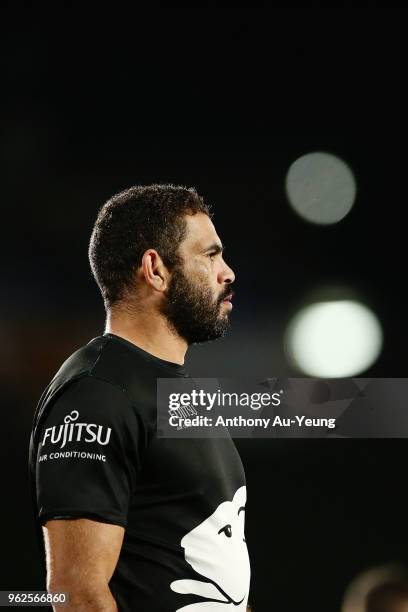 Greg Inglis of the Rabbitohs looks on during warmup prior to the round 12 NRL match between the New Zealand Warriors and the South Sydney Rabbitohs...