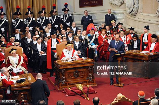 The President of the Italian Supreme Court Vincenzo Carbone listens as Italian justice minister Angelino Alfano delivers a speech during a ceremony...