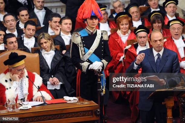 The President of the Italian Supreme Court Vincenzo Carbone listens as Italian justice minister Angelino Alfano delivers a speech during a ceremony...