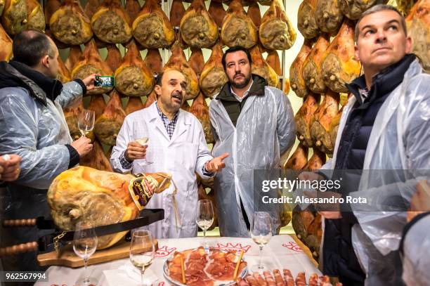 Matteo Salvini, candidate premier of Lega, visits the Pellacci Callisto ham factory in the Traversetolo area of Parma during his political rally on...