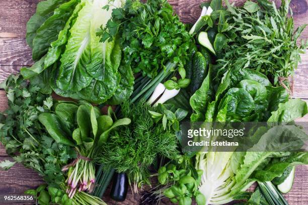 fresh organic homegrown herbs and leaf vegetables background - leaf vegetable stock pictures, royalty-free photos & images