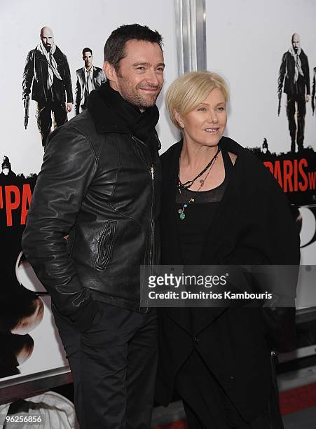 Hugh Jackman and wife Deborra Lee Furness attend the "From Paris With Love" premiere at the Ziegfeld Theatre on January 28, 2010 in New York City.