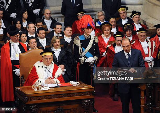 The President of the Italian Supreme Court Vincenzo Carbone listens as Italian justice minister Angelino Alfano delivers a speech during a ceremony...