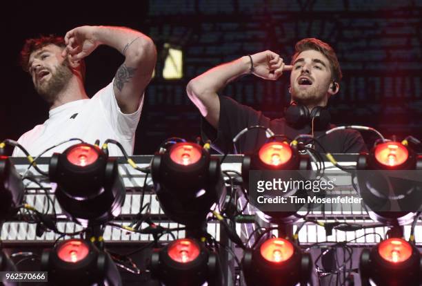 Alex Pall and Andrew Taggart of The Chainsmokers perform during the 2018 BottleRock Napa Valley at Napa Valley Expo on May 25, 2018 in Napa,...