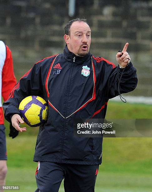Liverpool Manager Rafael Benitez during a training session at Melwood Training Ground on January 29, 2010 in Liverpool, England.