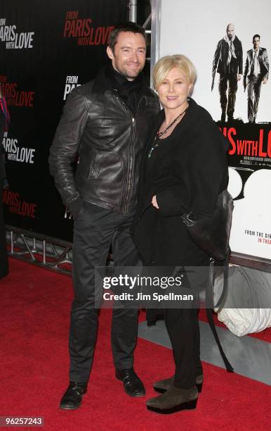 Actor Hugh Jackman and wife Deborra Lee Furness attend the "From Paris With Love" premiere at the Ziegfeld Theatre on January 28, 2010 in New York...