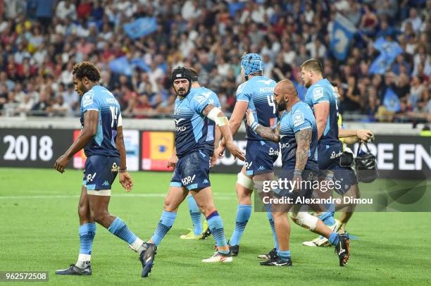 Alexandre Dumoulin of Montpellier celebrates his Try during the Top 14 semi final match between Montpellier Herault Rugby and Lyon on May 25, 2018 in...