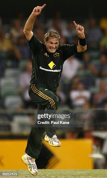 Ryan Harris of Australia celebrates the wicket of Rao Anjum of Pakistan during the fourth One Day International match between Australia and Pakistan...