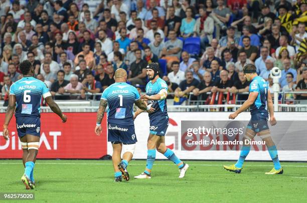 Alexandre Dumoulin of Montpellier celebrates one Try during the Top 14 semi final match between Montpellier Herault Rugby and Lyon on May 25, 2018 in...