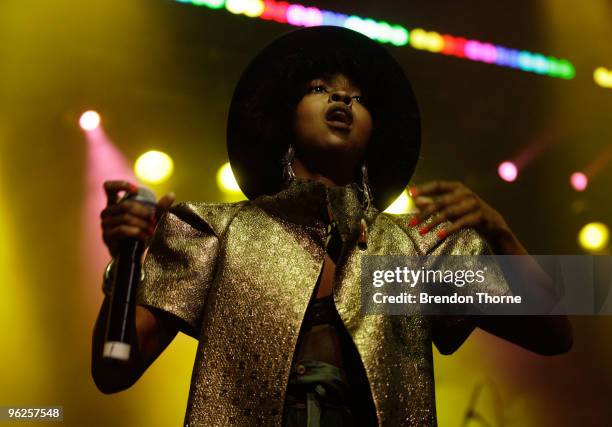 Musician Lauryn Hill performs on stage on the second day of the Raggamuffin Festival at Enmore Theatre on January 29, 2010 in Sydney, Australia.