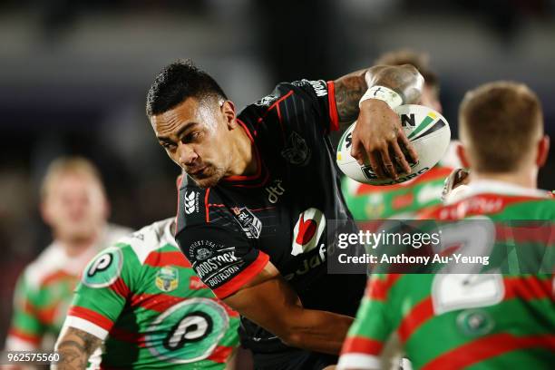 Ken Maumalo of the Warriors makes a break during the round 12 NRL match between the New Zealand Warriors and the South Sydney Rabbitohs at Mt Smart...