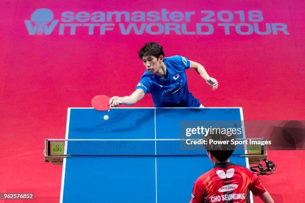 Maharu Yoshimura of Japan competes against Cho Seungmin of South Korea during men's singles - quarterfinals match of Table Tennis Hang Seng Hong Kong...