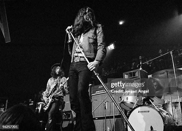 Roger Glover, Ian Gillan and Ian Paice of Deep Purple perform on stage at KB Hallen on March 1st 1972 in Copenhagen, Denmark.