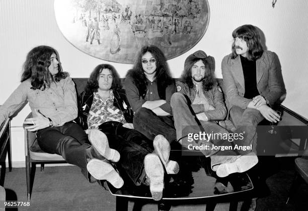 Ian Gillan, Ritchie Blackmore, Ian Paice, Roger Glover and Jon Lord of Deep Purple pose for a group portrait on March 1st 1972 in Copenhagen, Denmark.