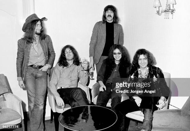 Roger Glover, Ian Gillan, Jon Lord, Ian Paice and Ritchie Blackmore of Deep Purple pose for a group portrait on March 1st 1972 in Copenhagen, Denmark.