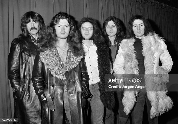 Jon Lord, Glenn Hughes, Ian Paice, David Coverdale, Richie Blackmore of Deep Purple pose for a group portrait on December 9th 1973 in Copenhagen,...