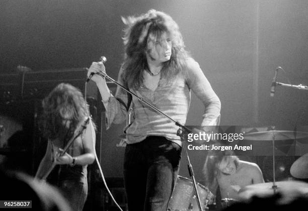 Glenn Hughes, David Coverdale and Ian Paice of Deep Purple perform on stage at KB Hallen on December 9th 1973 in Copenhagen, Denmark.