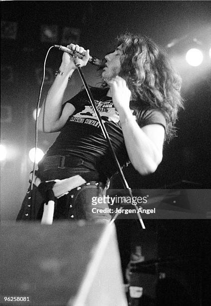 David Coverdale of Deep Purple performs on stage at Brondby Hallen on March 20th 1975 in Copenhagen, Denmark.