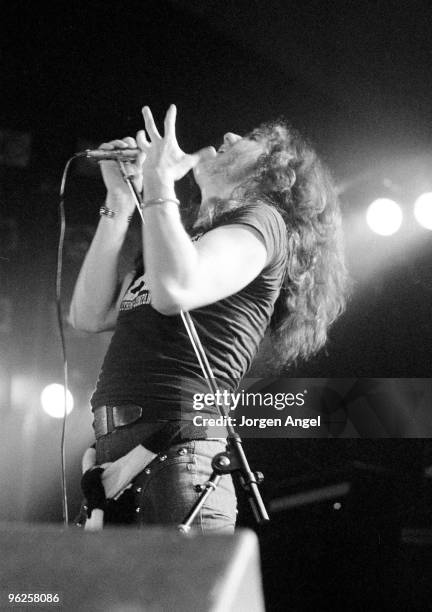 David Coverdale of Deep Purple performs on stage at Brondby Hallen on March 20th 1975 in Copenhagen, Denmark.