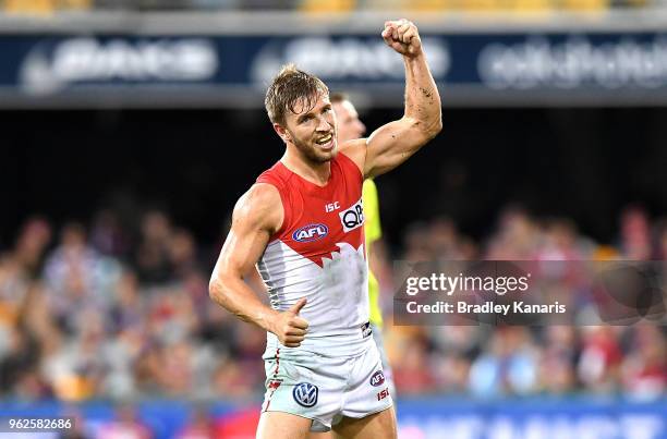 Kieren Jack of the Swans celebrates kicking a goal during the round 10 AFL match between the Brisbane Lions and the Sydney Swans at The Gabba on May...