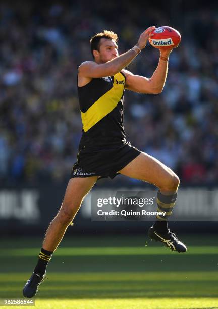 Toby Nankervis of the Tigers marks during the round 10 AFL match between the Richmond Tigers and the St Kilda Saints at Melbourne Cricket Ground on...