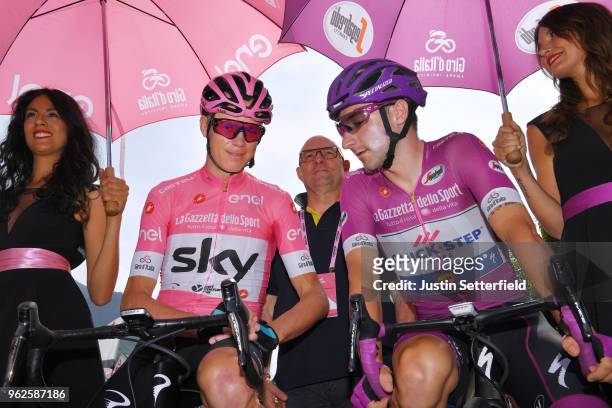 Start / Christopher Froome of Great Britain and Team Sky Pink Leader Jersey / Elia Viviani of Italy and Team Quick-Step Floors Purple Points Jersey /...