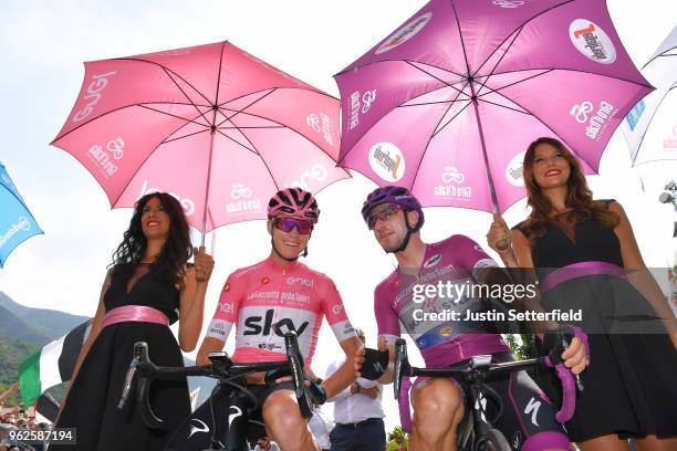 Start / Christopher Froome of Great Britain and Team Sky Pink Leader Jersey / Elia Viviani of Italy and Team Quick-Step Floors Purple Points Jersey /...