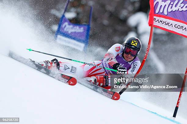 Marcel Hirscher of Austria in action takes 2nd place during the Audi FIS Alpine Ski World Cup Men's Giant Slalom on January 29, 2010 in Kranjska...