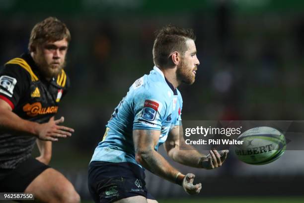 Bernard Foley of the Waratahs passes during the round 15 Super Rugby match between the Chiefs and the Waratahs at FMG Stadium on May 26, 2018 in...