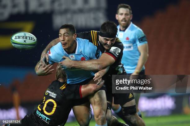 Lalakai Foketi of the Waratahs is tackled during the round 15 Super Rugby match between the Chiefs and the Waratahs at FMG Stadium on May 26, 2018 in...