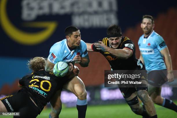 Lalakai Foketi of the Waratahs is tackled during the round 15 Super Rugby match between the Chiefs and the Waratahs at FMG Stadium on May 26, 2018 in...