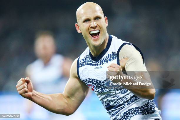 Gary Ablett of the Cats celebrates a goal during the round 10 AFL match between the Geelong Cats and the Carlton Blues at GMHBA Stadium on May 26,...