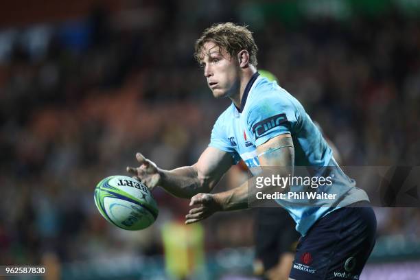 Michael Hooper of the Waratahs passes during the round 15 Super Rugby match between the Chiefs and the Waratahs at FMG Stadium on May 26, 2018 in...
