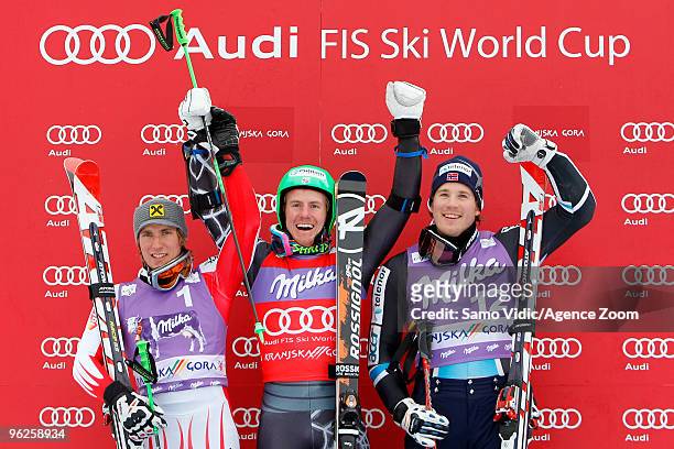 Ted Ligety of the USA takes 1st place, Marcel Hirscher of Austria takes 2nd place, Kjetil Jansrud of Norway takes 3rd place during the Audi FIS...