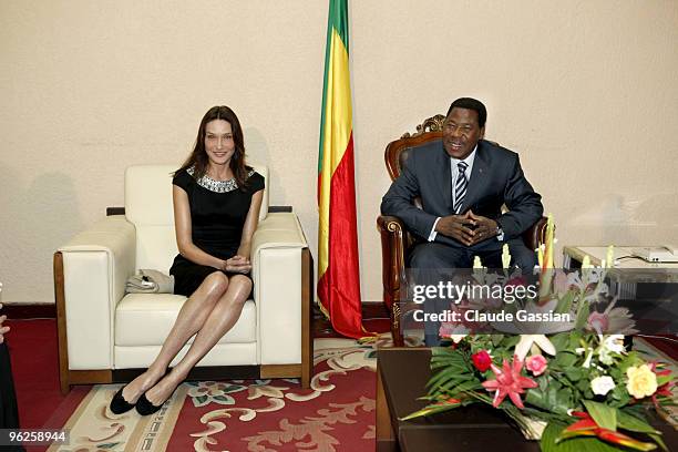 French First lady Carla Sarkozy meeting with Thomas Boni Yayi, president of Benin on January 26, 2010 at the Presidential palace in Cotonou. Carla...