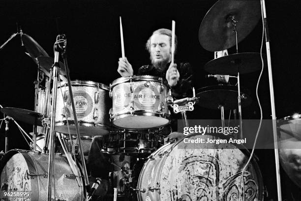 Ginger Baker performs on stage with Ginger Baker's Air Force on April 4th 1970 in Copenhagen, Denmark.