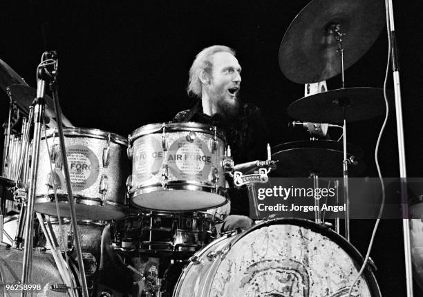 Ginger Baker performs on stage with Ginger Baker's Air Force on April 4th 1970 in Copenhagen, Denmark.